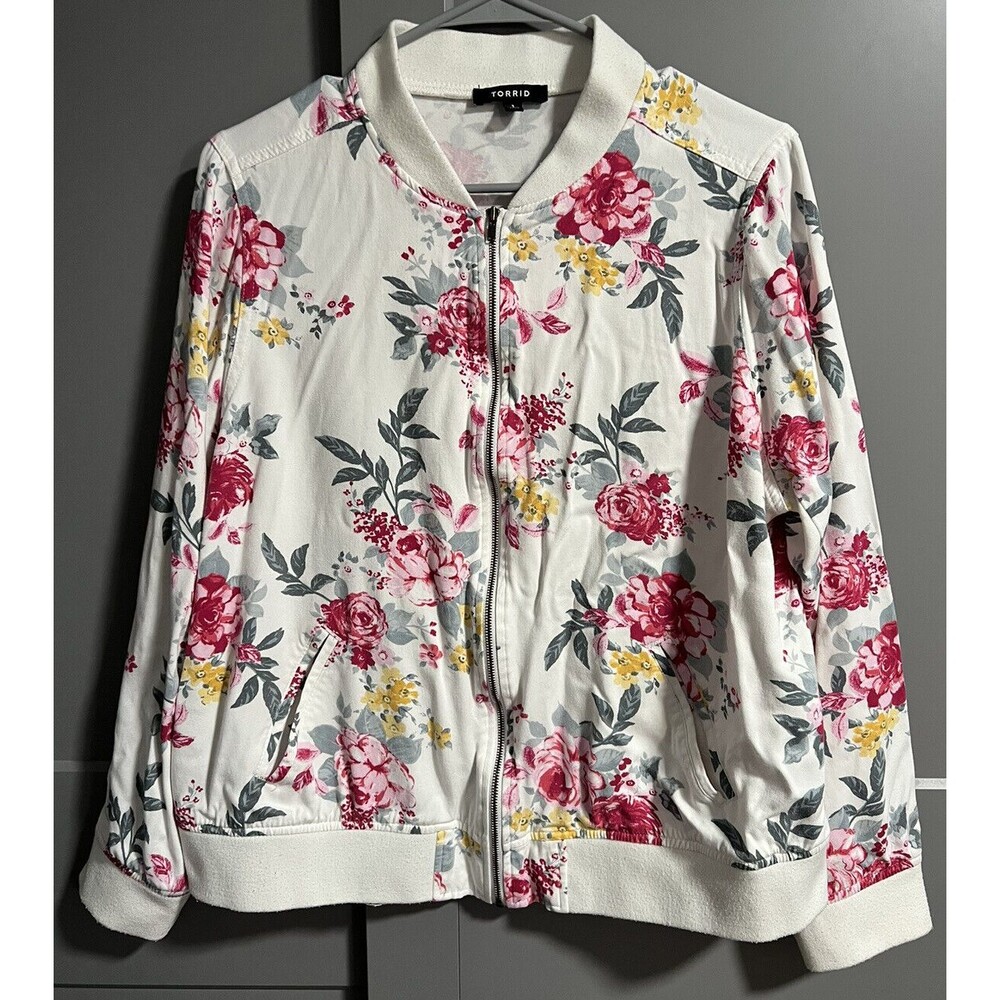 Torrid Women 100% Rayon Floral Zip Up Bomber Jacket White Size 1 (US 1X)